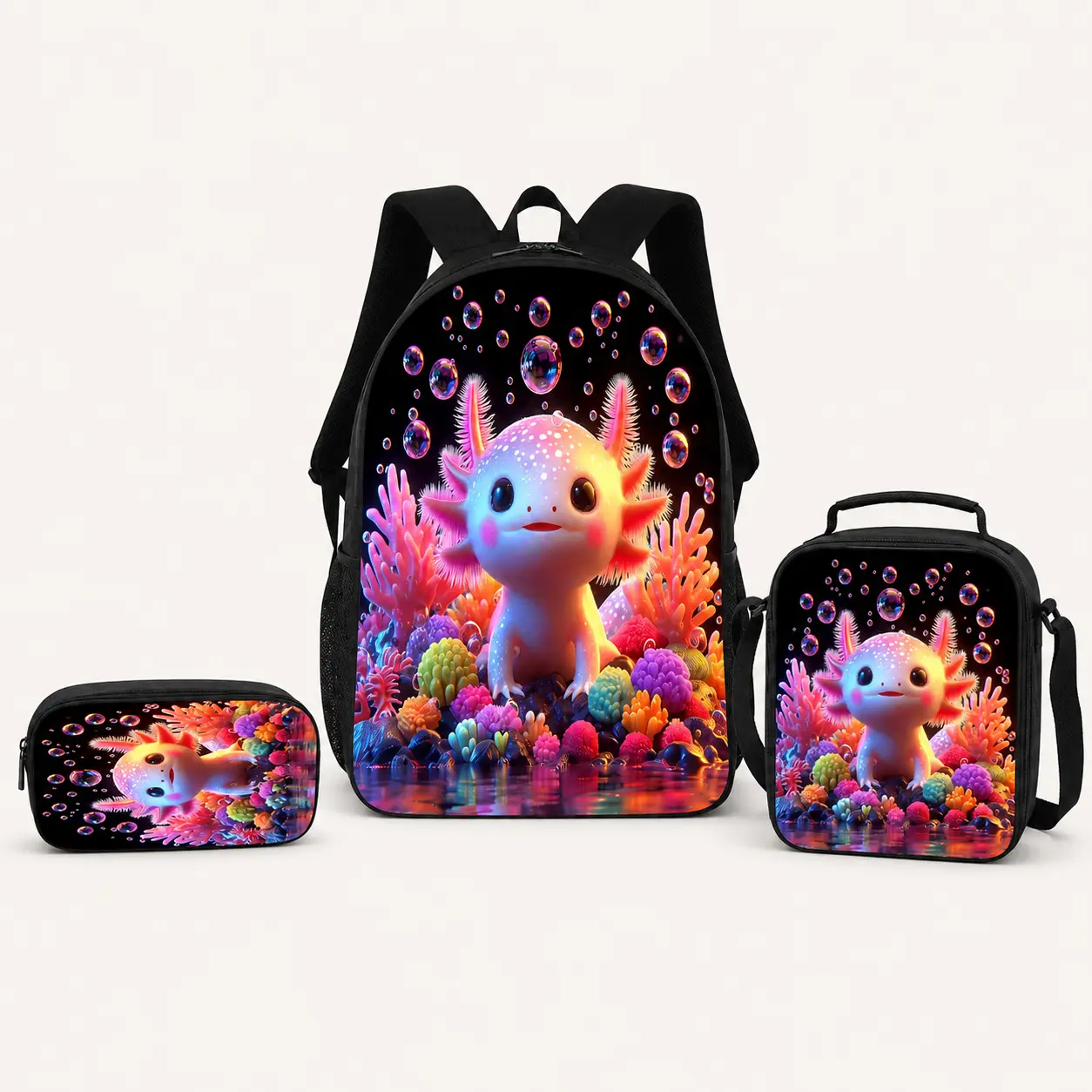 3pcs Animated Graphic Axolotls Summer Essential Backpack Set - Large Capacity Backpack, Pencil Case, Adjustable Shoulder Strap Zippered Lunch Bag, Ideal Travel & Commuting Gift, Animated Graphic Backpacks