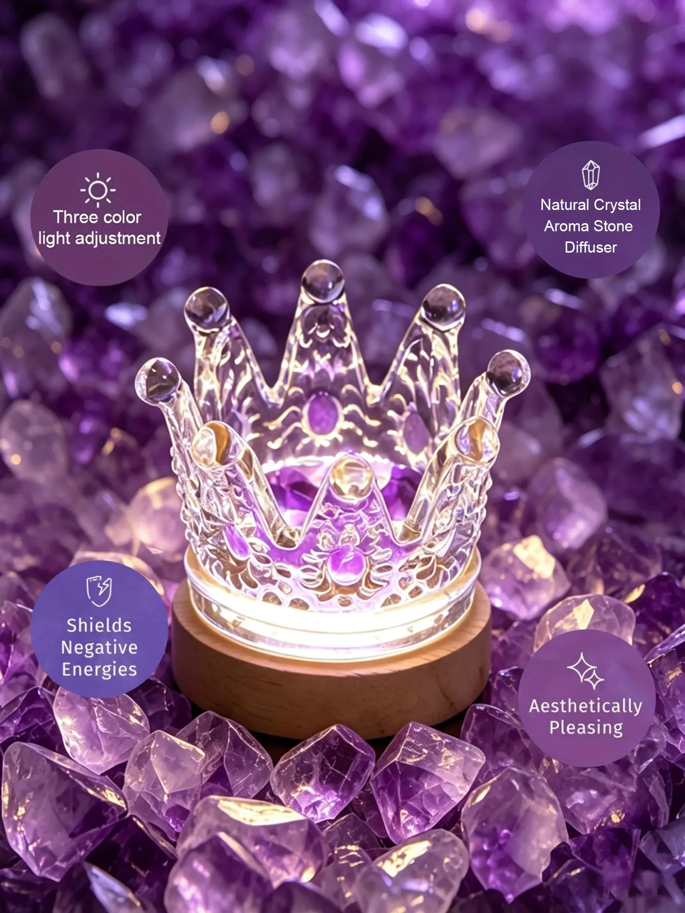 Natural Crystal Crown Shape Glass Diffuser Lamp, USB LED Indoor Night Light, Adjustable Healing Crystal Decor, Romantic Bedroom & Desk Gift