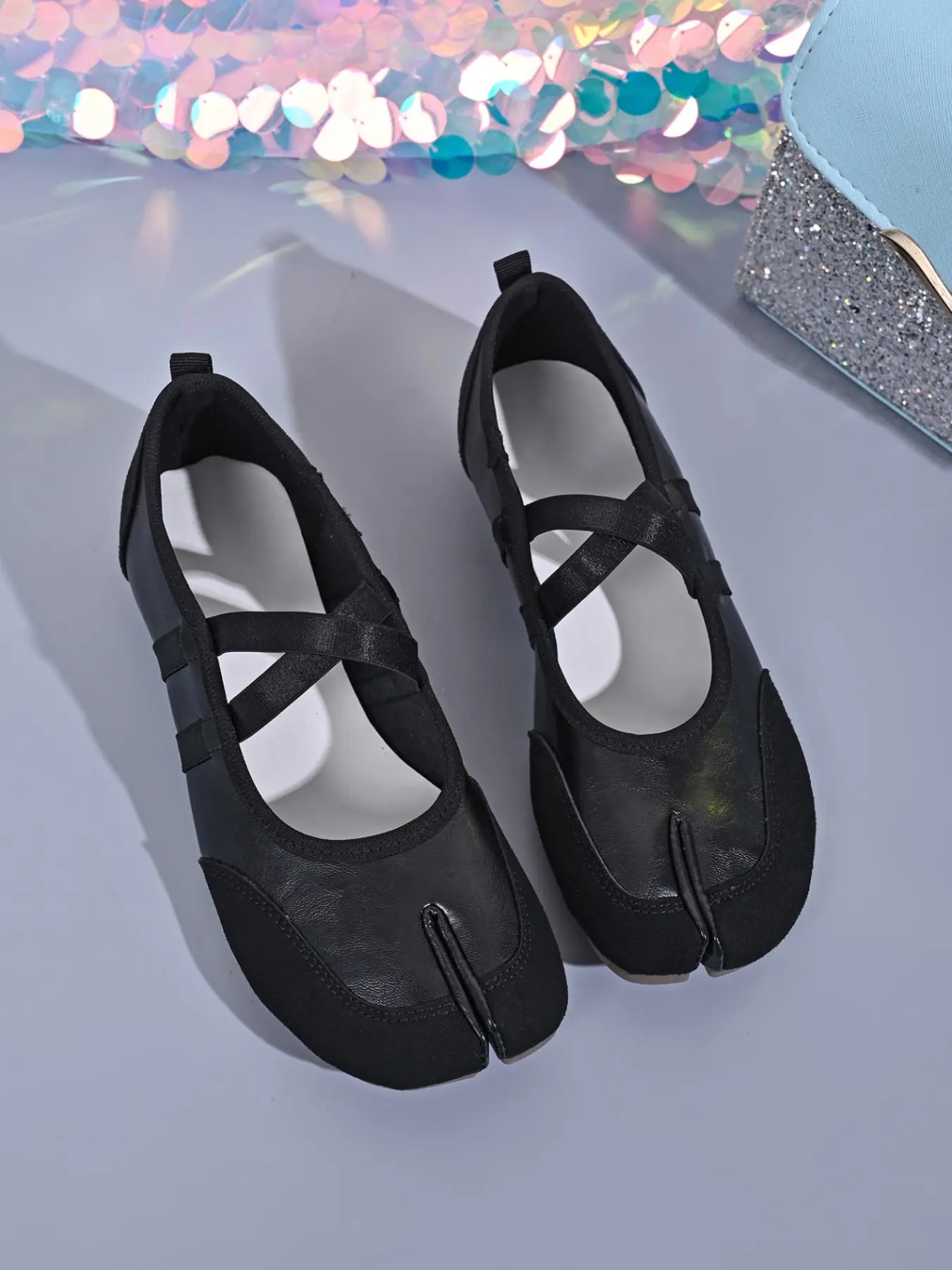 Women Retro Tabi Split Toe Cross Ribbon Ballet Flats, Patchwork Lightweight Daily Walking Fashion Footwear, Black Red Yellow Silver