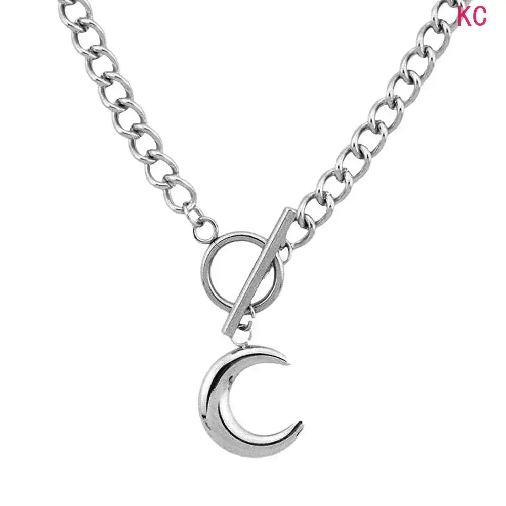 Silver Crescent Moon Pendant Necklace With Toggle Clasp, Non Tarnish Thick Stainless Steel Cuban Chain Punk Hip Hop Unisex Neck Jewelry For Daily Matching Accessory
