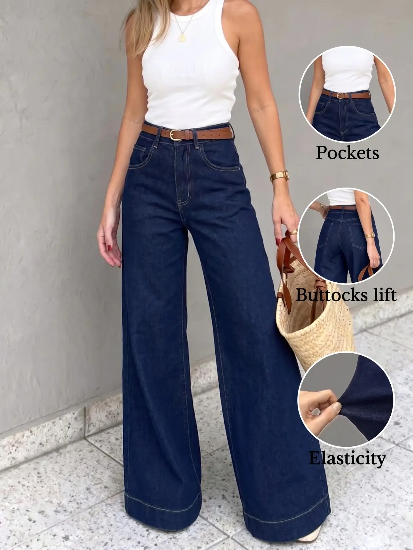 Women's High Waist Wide Leg Jeans, Loose-Fitting Deep Blue Denim Jeans, Long Straight Leg, Fashionable All-Season Wear Bottoms