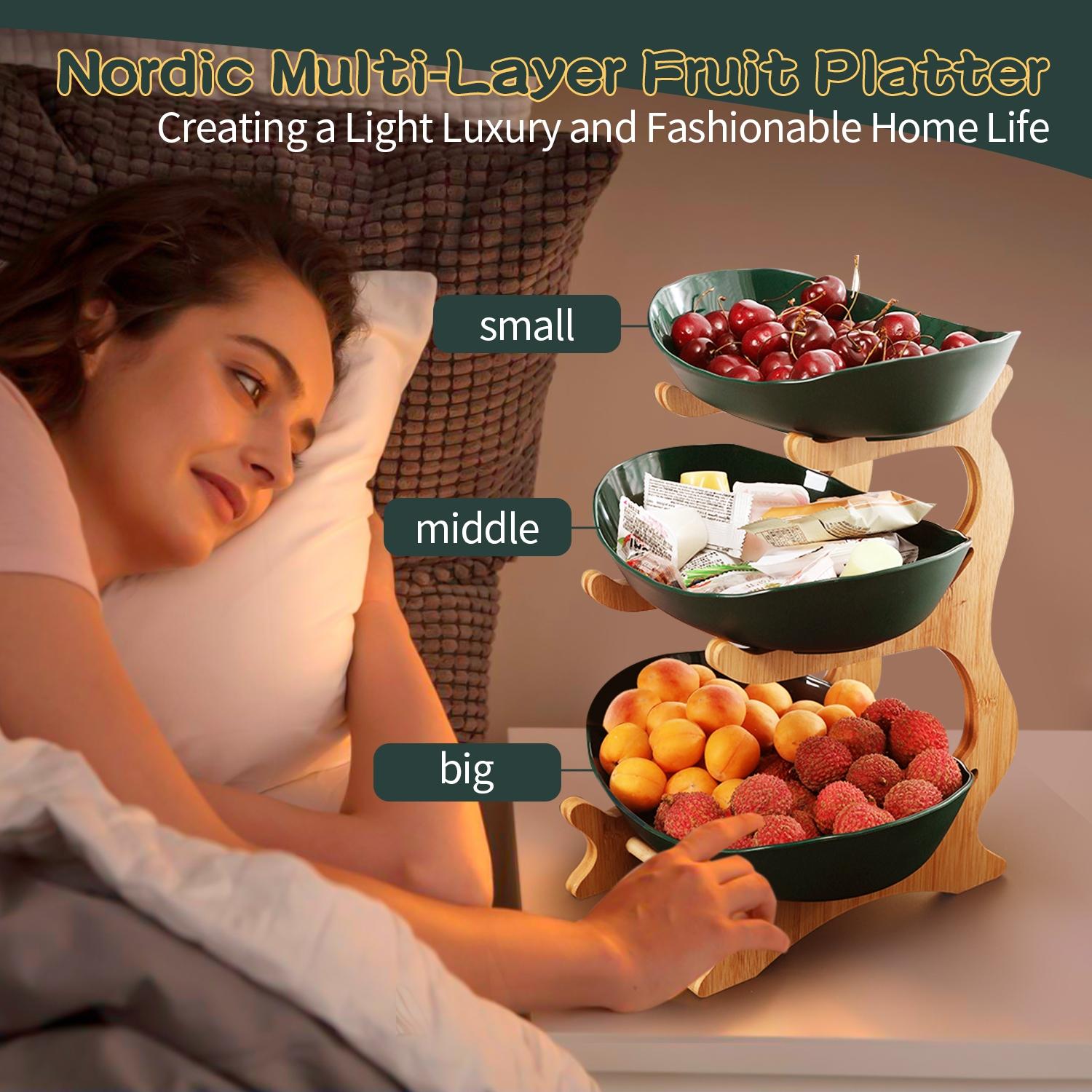 3 Tier Fruit Bowl, 1 Count Large Capacity Tiered Fruit Basket with Bamboo Stand Display Storage Rack, Kitchen Counter Tray for Fruit Snack Nuts Bread Candy, Drawer Style Options # TOP PICKS