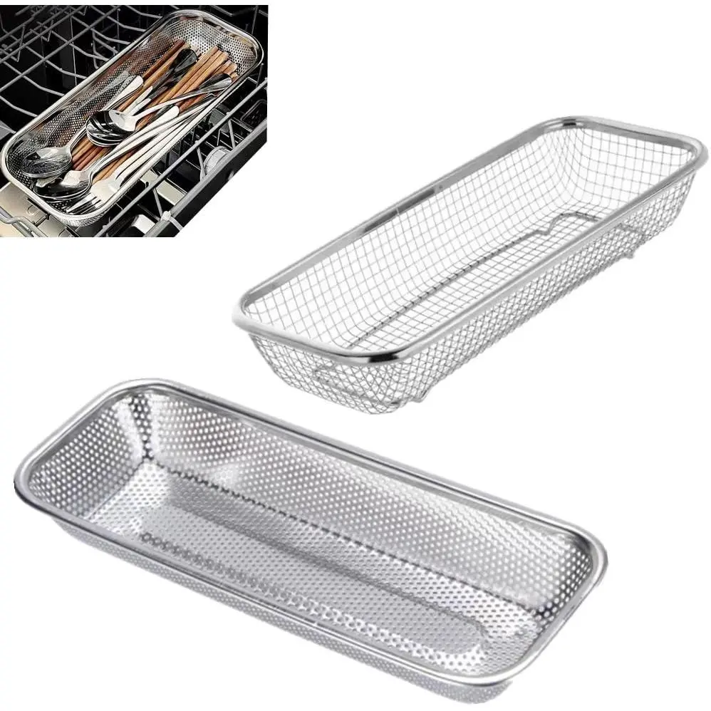 Kitchen Drawer Organizer, 12 Inch Dishwasher Silverware Cutlery Basket, 2 Pack Mesh Stainless Steel Flatware Drawer Organizer, Countertop Utensil Cutlery Tray, Spoon  Fork Organizers Box