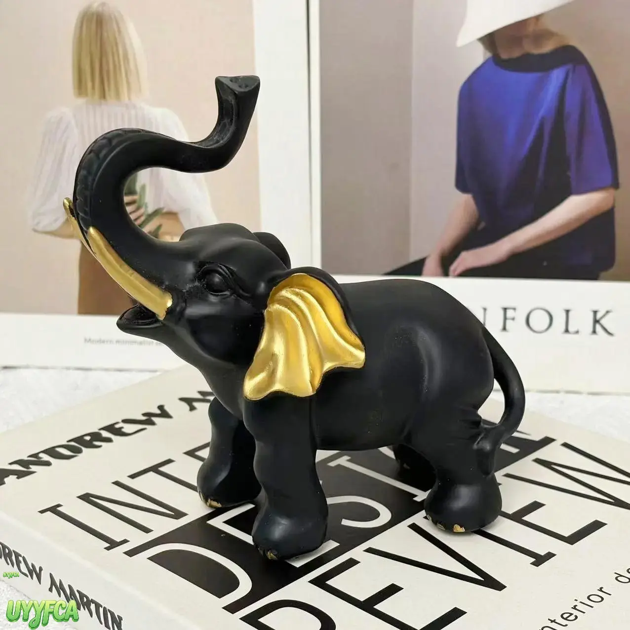 Resin Elephant Statue Tabletop Decor, Matte Black White Gold Accent Trunk-Up Elephant Figurine, Feng Shui Lucky Animal Ornament, Minimalist Modern Desk Shelf Sculpture Gift For Living Room Bedroom Office Entryway Home Interior Styling