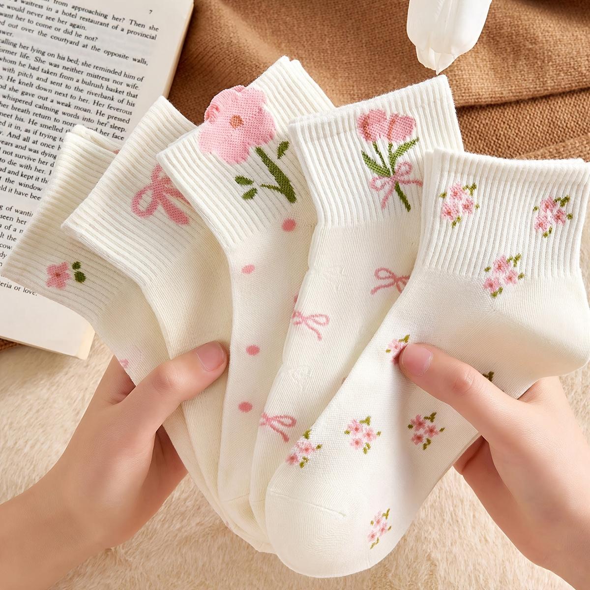 Girls' Floral Mid-Calf Socks, 5 Pairs - Solid-Color Casual Daily Wear Socks