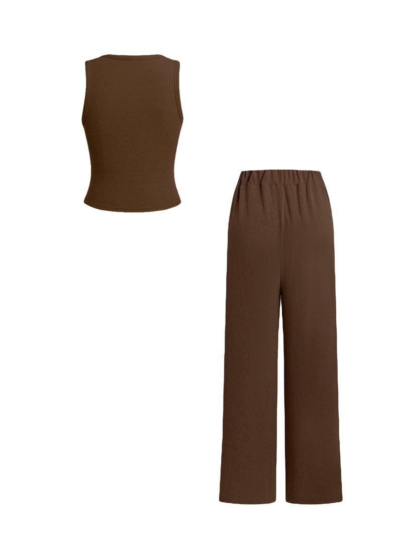 Women's Solid Ribbed Button Tank Top & Straight Leg Pants Two-piece Set, Casual Sleeveless Top & Trousers for Daily Wear, Ladies Two-piece Outfits for All Seasons, Clothes,Airport Outfit