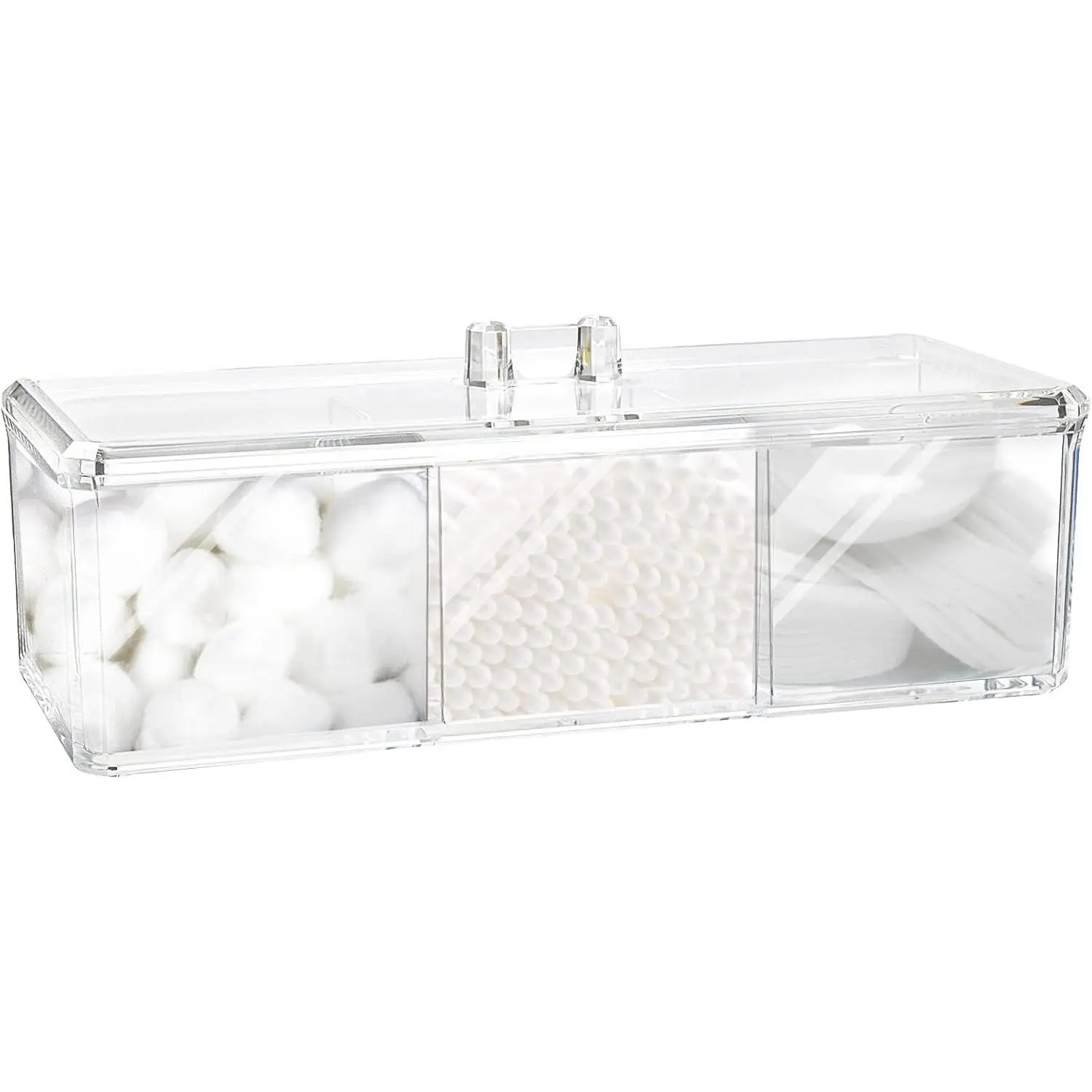 Square Qtip Holder Dispenser, 3 Compartments Cotton Ball Holder, Bathroom Canisters for Cotton Swab, Ball, Cottons Pad Organizer, Clear Acrylic Containers with Lid for Bathroom Vanity Countertop