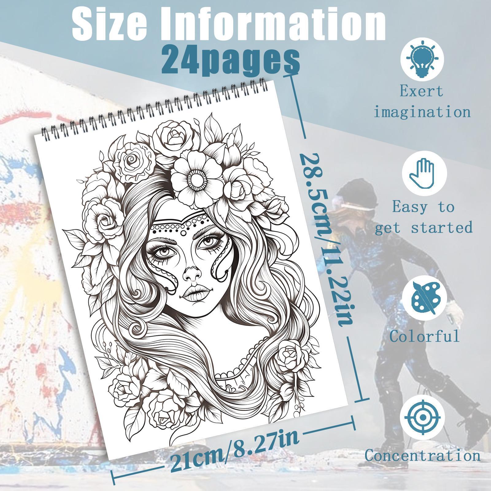 Sugar Skull Coloring Book Set, Creative Coloring, Art Materials, Relaxing DIY Art Therapy, Perfect Gift for Teens & Adults, Ideal for New Year, Valentine's Day, Halloween, DIY Painting
