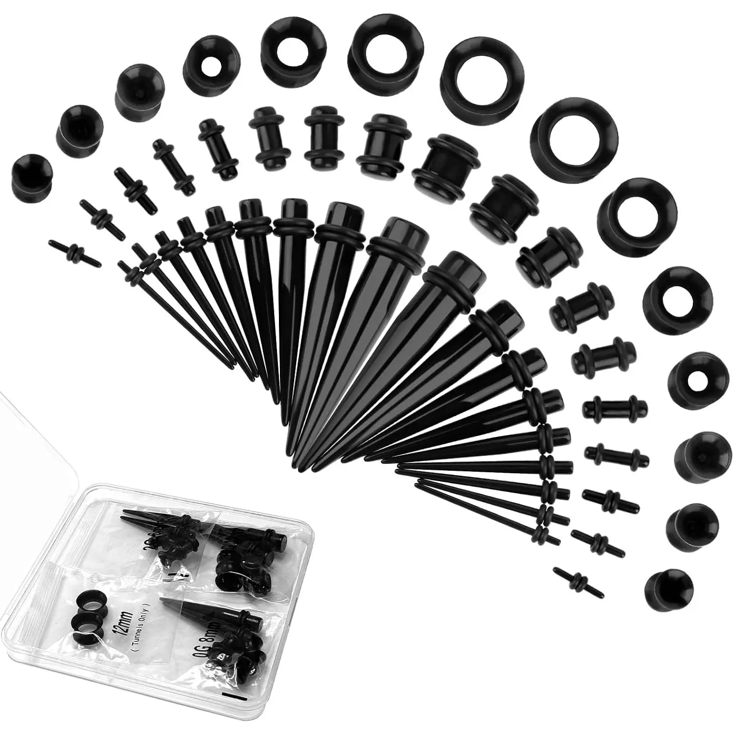 50 count Ear Stretching Kit,  Gauges for Ears 14G-00G | Lightweight Tapers+ Plugs+  Tunnels, Gauge Stretching Kit,  Earring  for Men, Women, Starter Expanders