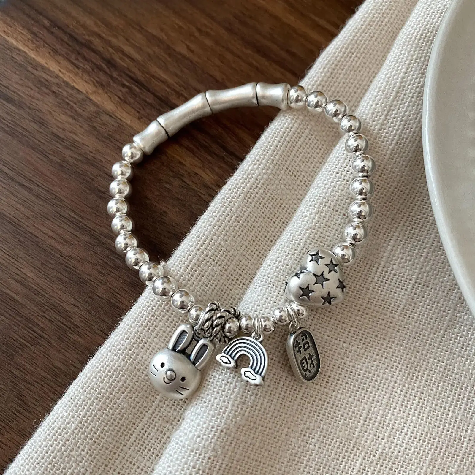 Women’s 925 Sterling Silver Charm Bracelet, Romantic Heart & Rabbit Animal Pendant Design, Dainty Adjustable Silver Jewelry for Daily Wear, Birthday Gift, Anniversary, Valentine’s Day and Special Occasions