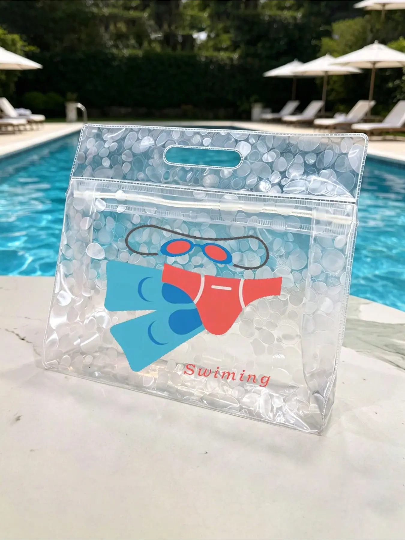 1pc EVA Swim Bag Printed With "Swim" Letter, Goggles & Swimsuit Pattern, Zipper Closure Dry Wet Separation Sports Bag, Lightweight Portable Summer Outdoor Backpack For Beach & Swimming Pool