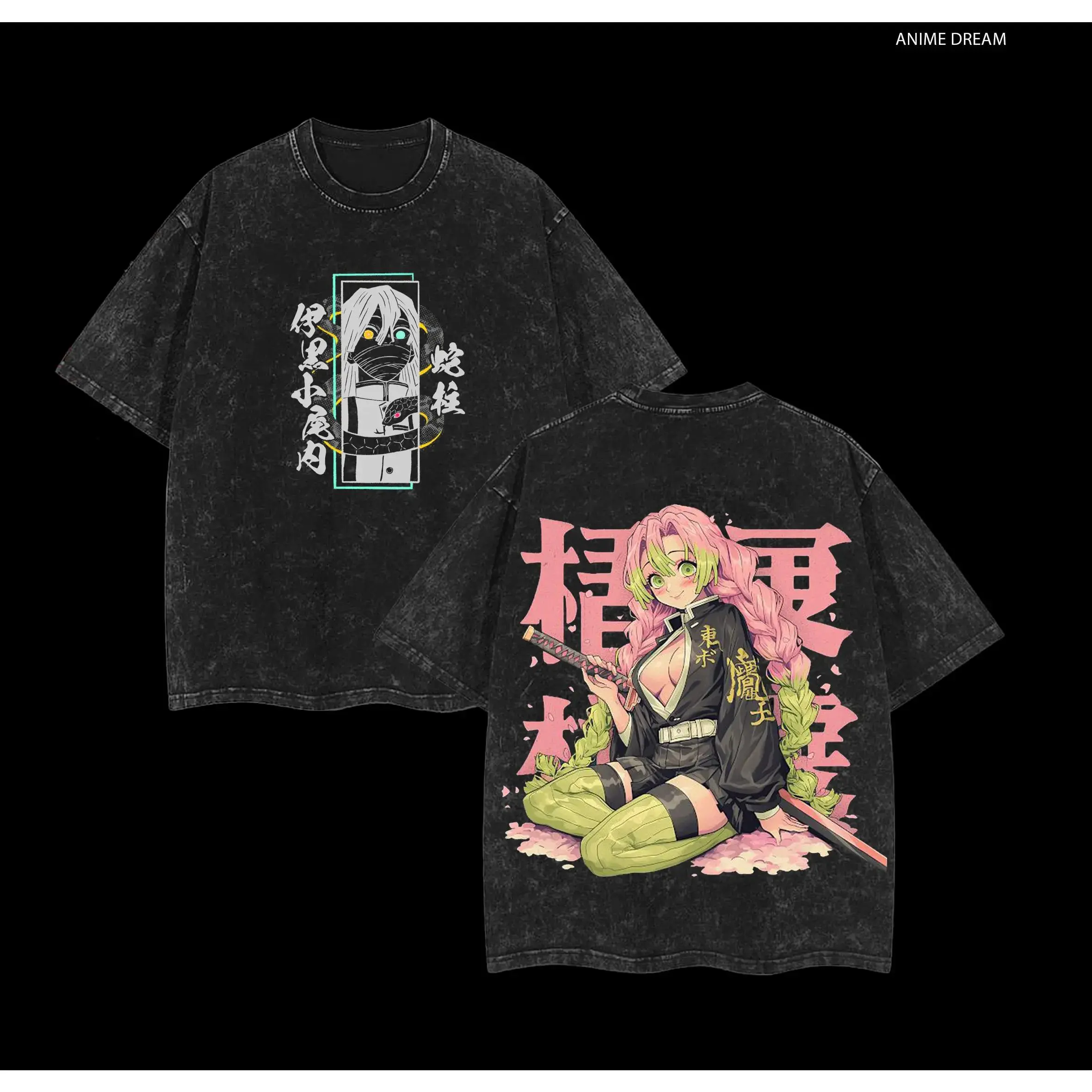 Men's Soft Seamless Round Neck Demon Slayer Obanai x Mitsuri Graphic T-Shirt - Loose Oversized Crew Neck Casual Streetwear, Double Print Vintage Washed Heavyweight Cotton Unisex 3XL-5XL Top, Hang Dry, Do Not Bleach, Tshirt, Classic, Short Sleeve, Relaxed,