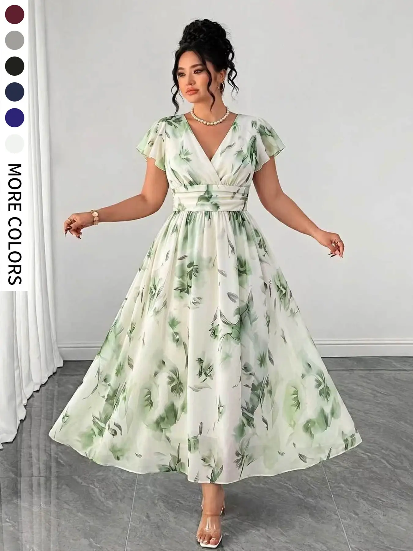 Women's Plus Size Floral Leaf Print Short-Sleeve A-Line Dress, V-Neck Waist Cinched Design, Elegant Dress for Party, Date and Wedding