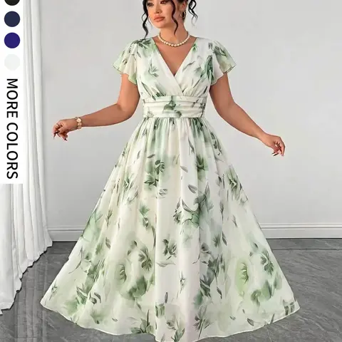 Women's Plus Size Floral Leaf Print Short-Sleeve A-Line Dress, V-Neck Waist Cinched Design, Elegant Dress for Party, Date and Wedding, Elegance