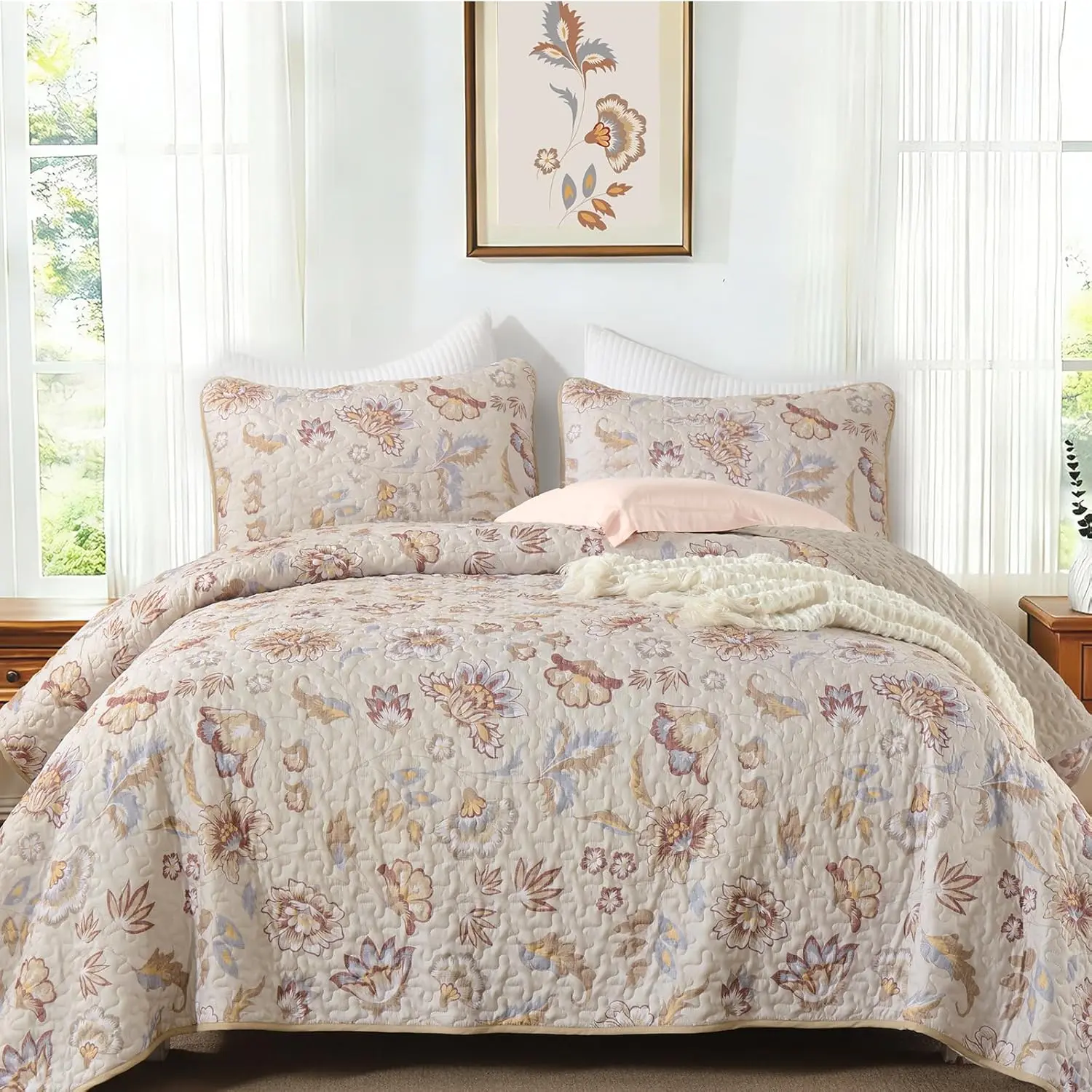 Set Queen,Cute Floral Bedspread Coverlet Set,3 Pieces Beige Flower Bed Cover,Lightweight Farmhouse Bedding Set for All Season 96"x90"