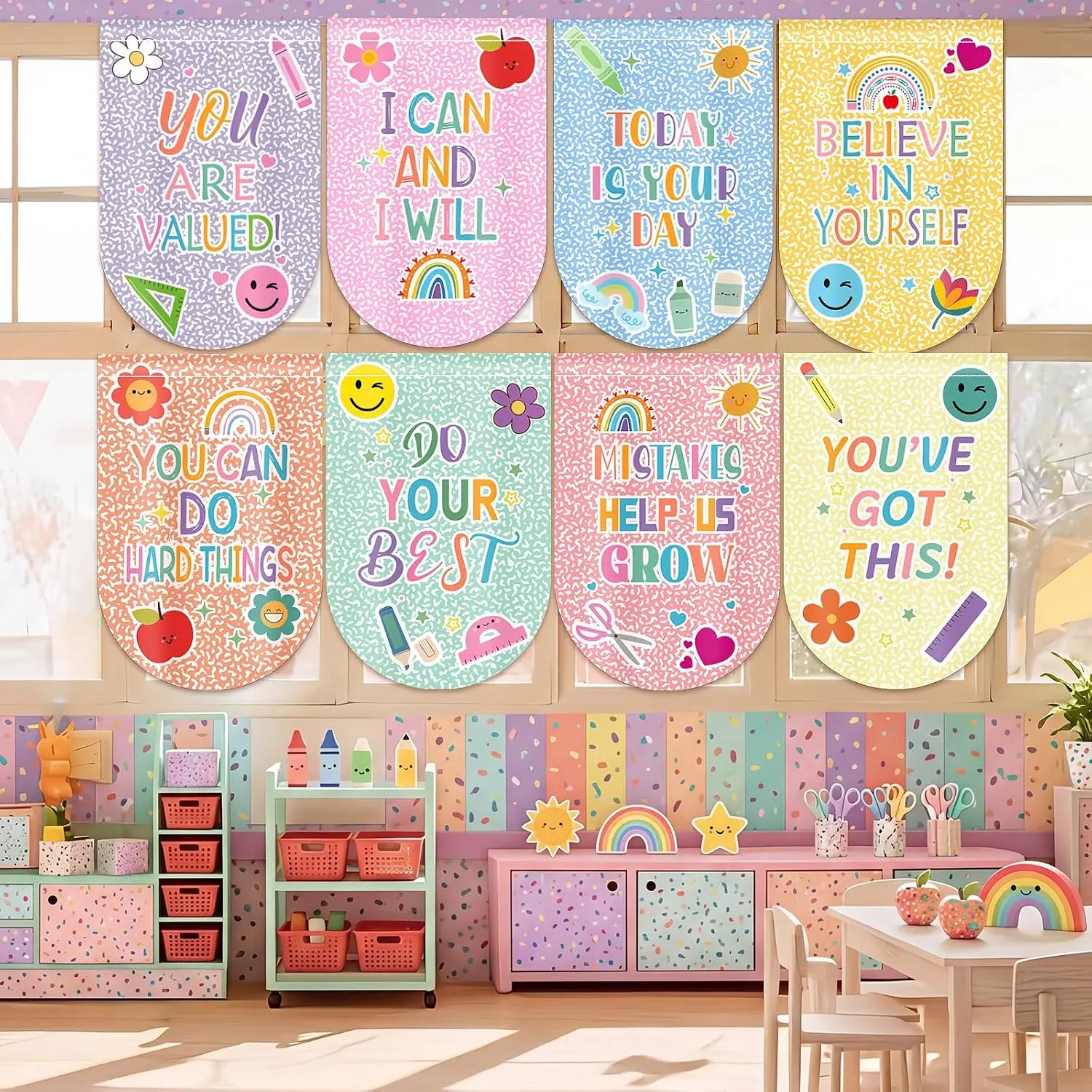Hahafelt Velvet 8-Pcs Pastel Composition Classroom Curtains (36x24"), Back to School Positive Affirmations Decor for Kindergarten, Bedroom Playroom