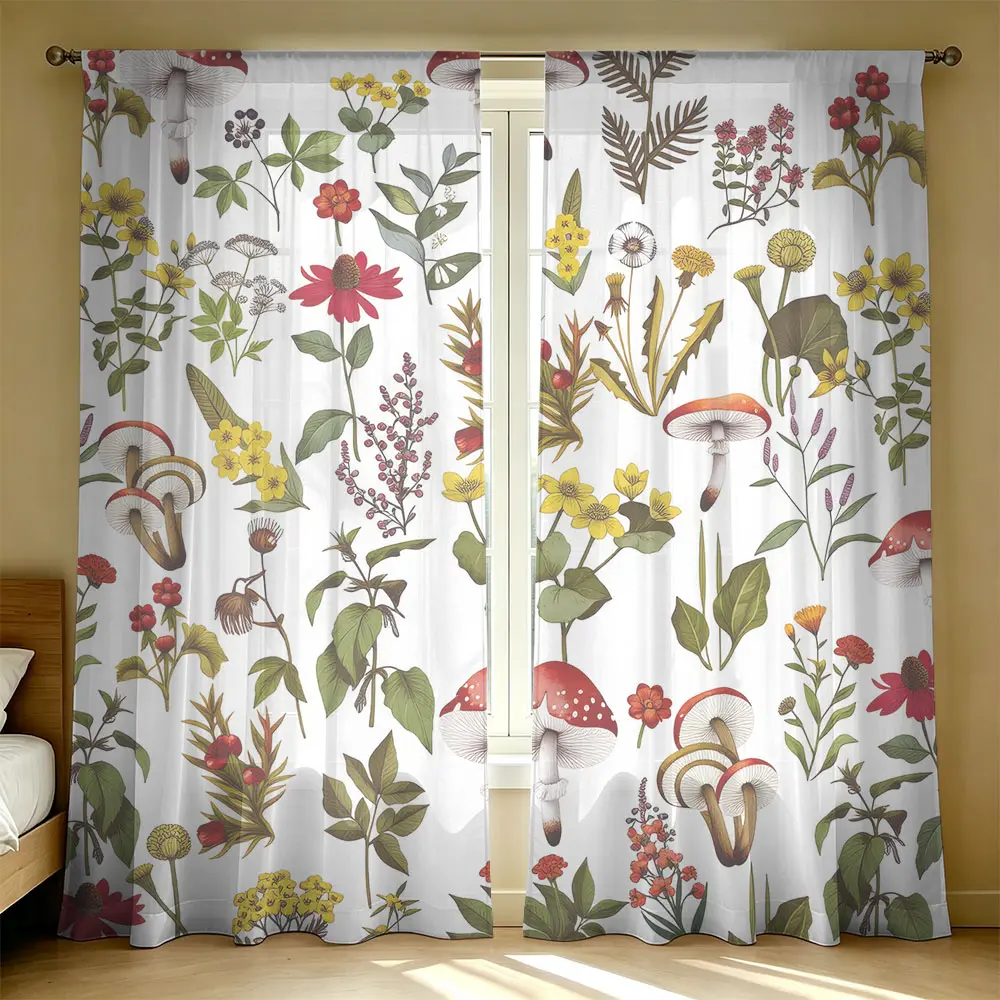 2 Panels Wildflower & Mushroom Print Light Filtering Sheer Curtains, Rod Pocket Design, Semi-Transparent Privacy Drapes,Ideal for Bedroom, Living Room, Kitchen, Home Decor