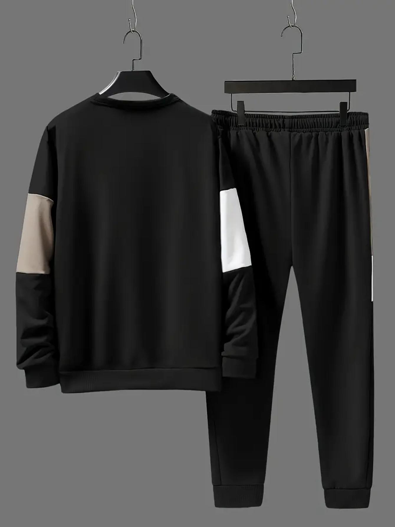 Men's color blocked 2-piece set, casual round neck long sleeved sweatshirt and sweatpants jogging pants set for winter and autumn, men's clothing