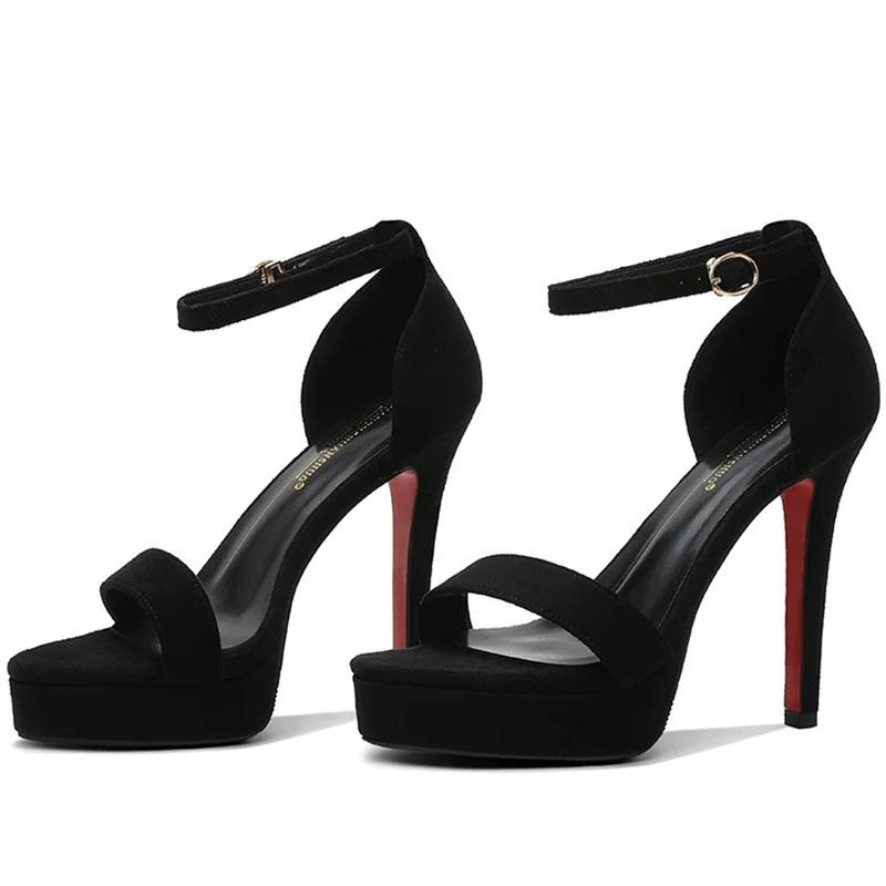 2025 New Summer Women 12cm High Heels 2cm Platform Suede Black Sandals Lady Stiletto Heels Strappy Sandles Catwalk Fetish Shoes