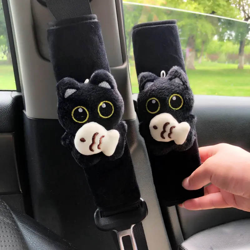 Black Cat Synthetic Plush Car Seat Belt Shoulder Pad - Anti-Chafe Pad, Universal Car Accessories, Neck Protection, Soft Vehicle Interior Decorative Hanging Ornament