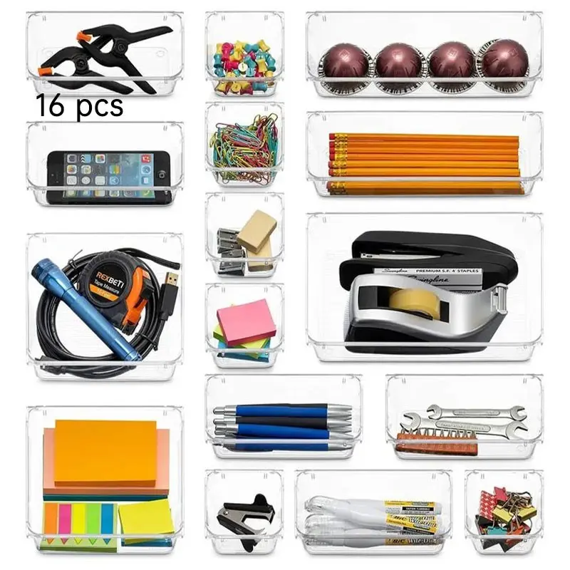 Desktop Organizer Set, Drawer Storage Kit (16pcs & 25pcs), Transparent Plastic, Ideal for Desk, Vanity, Kitchen, Home Organization