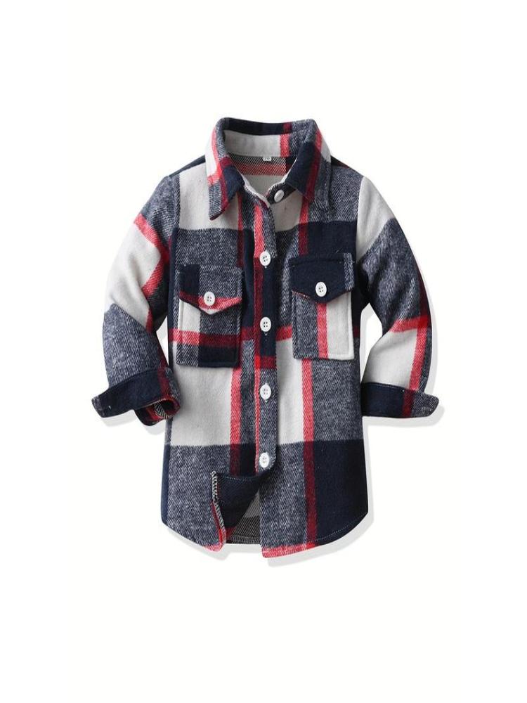 Kids' Preppy Plaid Long Sleeve Shirt, Cotton Blend,-Stretch Woven Fabric, Loose Fit with Lapel Collar, Button Placket, Regular Sleeve, Fall/Winter Warm for Boys Girls