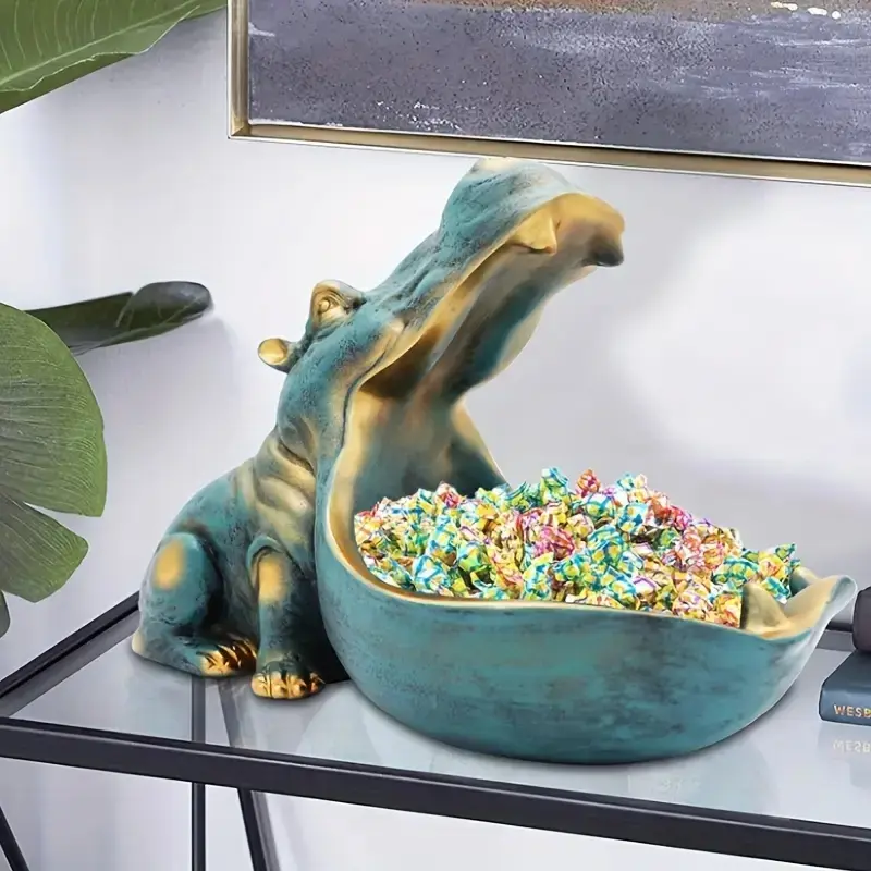 Hippo Statue Resin Blue Candy Bowl & Key Rack, Indoor Outdoor Holiday Decor for Halloween Christmas Easter Thanksgiving Home Office Desk Art
