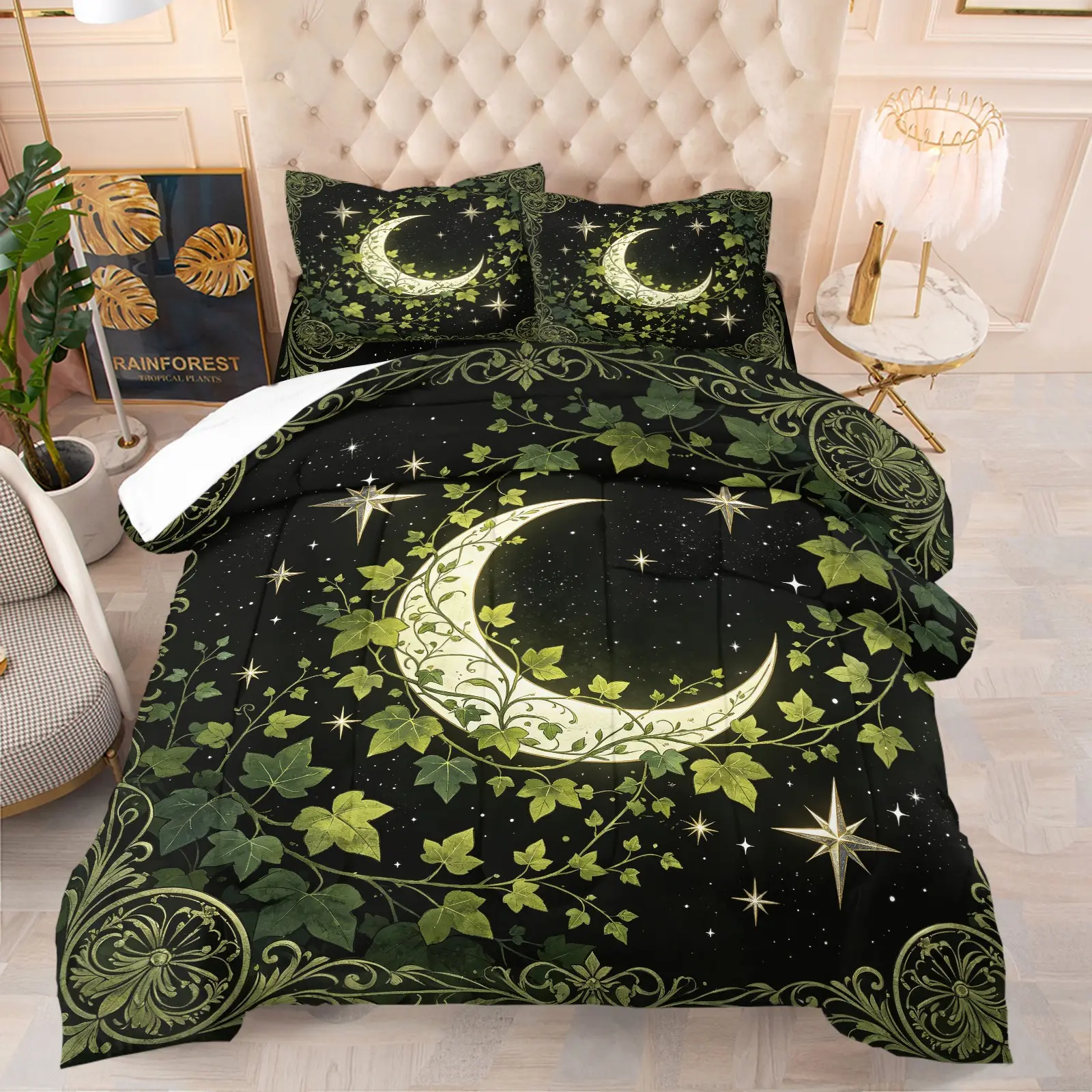 Mystical Vine Crescent Star Duvet Set, Soft Breathable Gothic Night Sky Bedding, Witchy Gift, Multiple Sizes Available