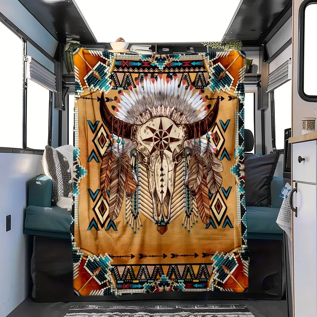 Classic Crochet Sheep Head Print Blanket - Wrinkle Resistant, All Seasons, Lightweight, Machine Washable, Non-Customized Breathable Bedding Throw for Campervan Use & Afternoon Naps