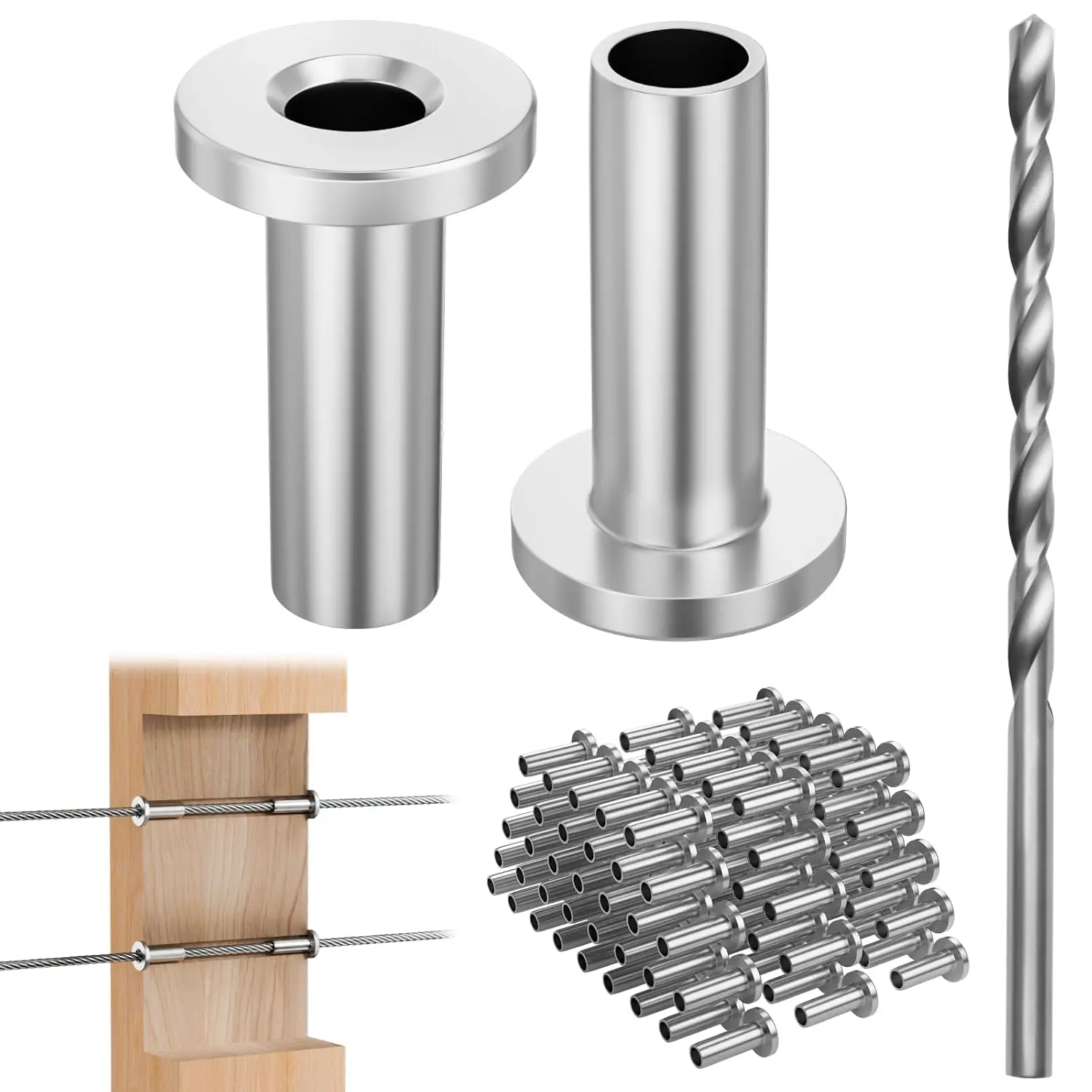 Cable Guardrail Protective Sleeves - 50-piece set T316 stainless steel protective sleeves - 1/8" 3/16" 5/32" deck cable guardrail hardware kit, suitable for wooden posts