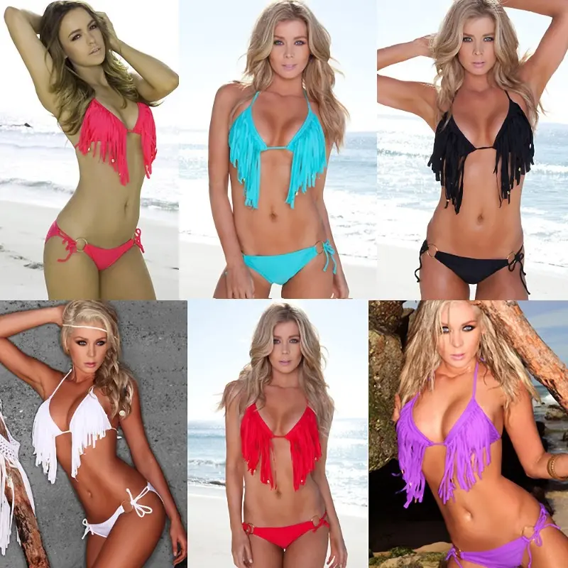 Premium Nylon Beaded Bikini Set, Trending Fringe Trim Two Piece Swimsuit With Metal Rings, Soft Skin-Fit Stretchy Swim Outfit, Elegant Dangle Tassel Detail, Curvy Figure-Hugging Design, Perfect For Coastal Trips, Lounge Pool Days And Summer Seaside Photos