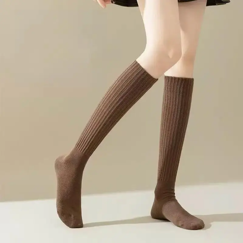 Women's 5-Pair Thick Cute Slim-Fit Solid Color Calf Boot Socks with Side Stripes, Textured Casual Lady Socks, Baroque Glamorous Funky Fashion Basics, Machine Washable Fall-Winter Necessities