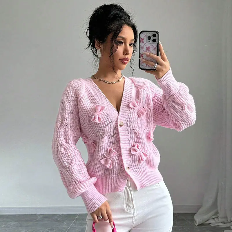 New Autumn/Winter Women's Long Sleeve V-Neck Knitwear - Amazon Solid Color Bow Cardigan Coat Top, Commute Look, Multi-Size