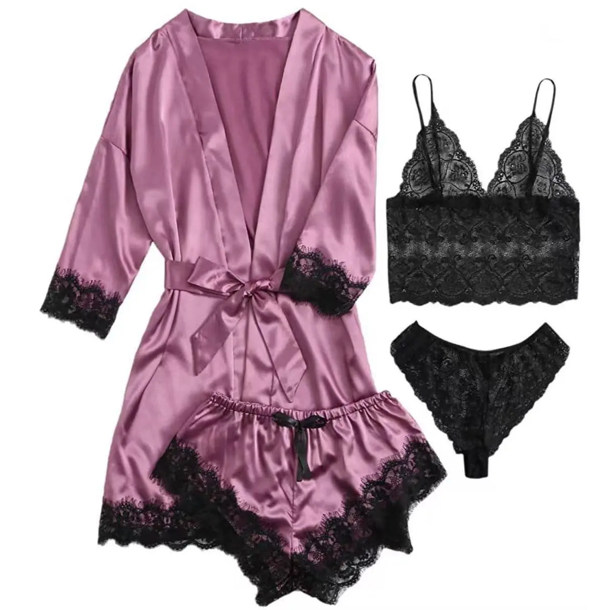 Women's 4-Piece Pajama Set, Sexy Satin Night Wear with Robe, Floral Lace Camisole and Pants, Plus Size Loungewear, Floral Print