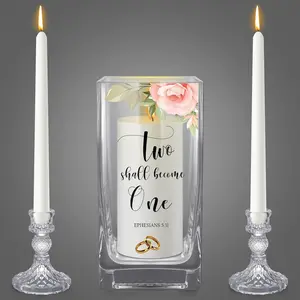 Unity Candles with Holder for Wedding Ceremony Set 1 6" Pillar 2 9.8'' Taper Candles 3 Candlestick for Religious Formal Events Church(Flower)