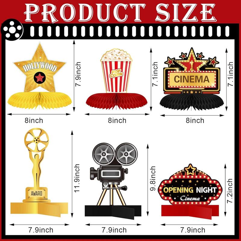 12 Pieces Movie Night Party Decorations Supplies Movie Theater Honeycomb Centerpiece 3D Microphone Ticket Star Video Paper Centerpiece Sign Table Decoration for Theater Birthday Party Favors