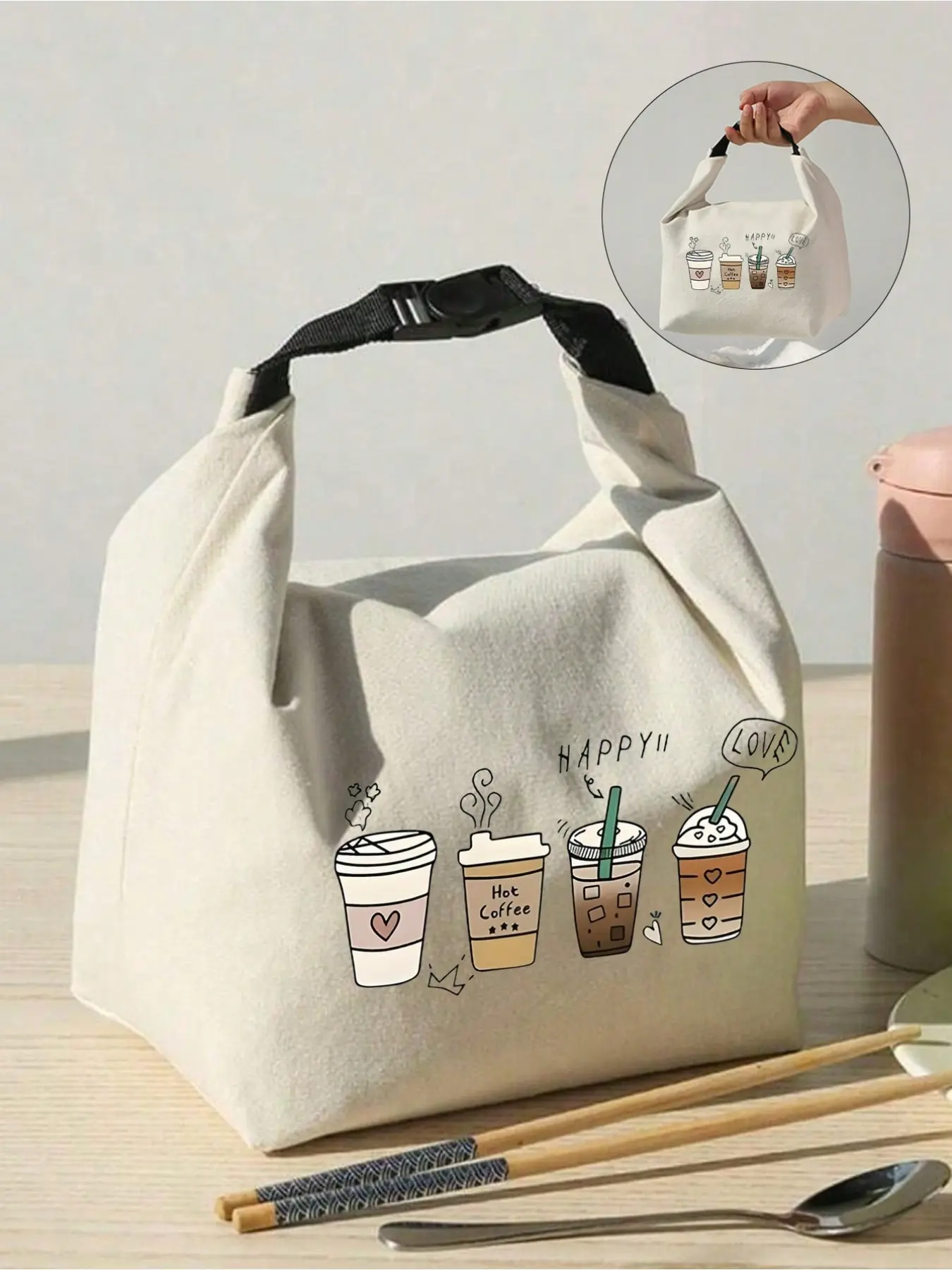 Portable Insulated Lunch Bag with Coffee Pattern, Leak-Proof Canvas Lunch Pouch, Utensil Holder, Reusable Cooler Bag with Peva Lining