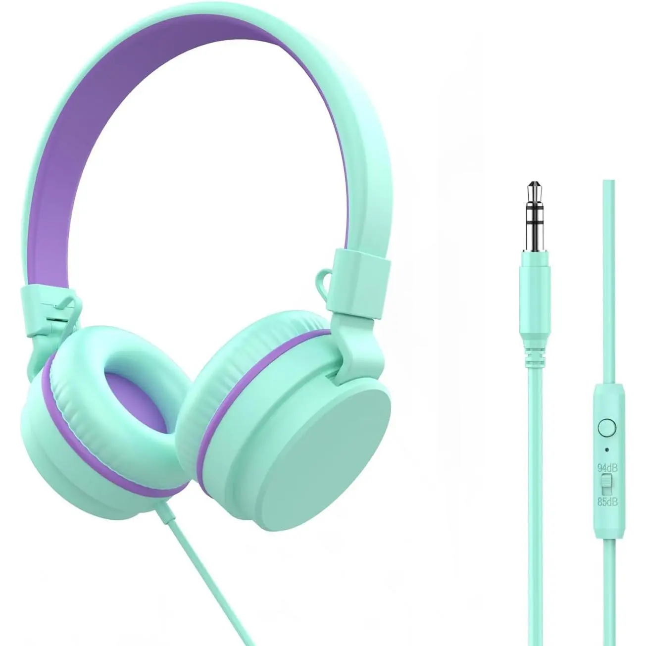 Headphones,-Ear Wired Headphones for  with Mic,85/94dB Volume Limiter Headphone for Girls Boys ,3.5mm Wired Cord Foldable Headphone for Learning&Entertainment (Green)