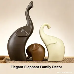 Modern Abstract Family Elephant Statue Set of 3, Matte Ceramic Elephant Figurines Home Decor, Trendy Desktop Ornaments, Minimalist Animal Sculpture for Living Room TV Stand, Office Desk, Farmhouse Entryway Tabletop Ornament, Housewarming & Wedding Gift