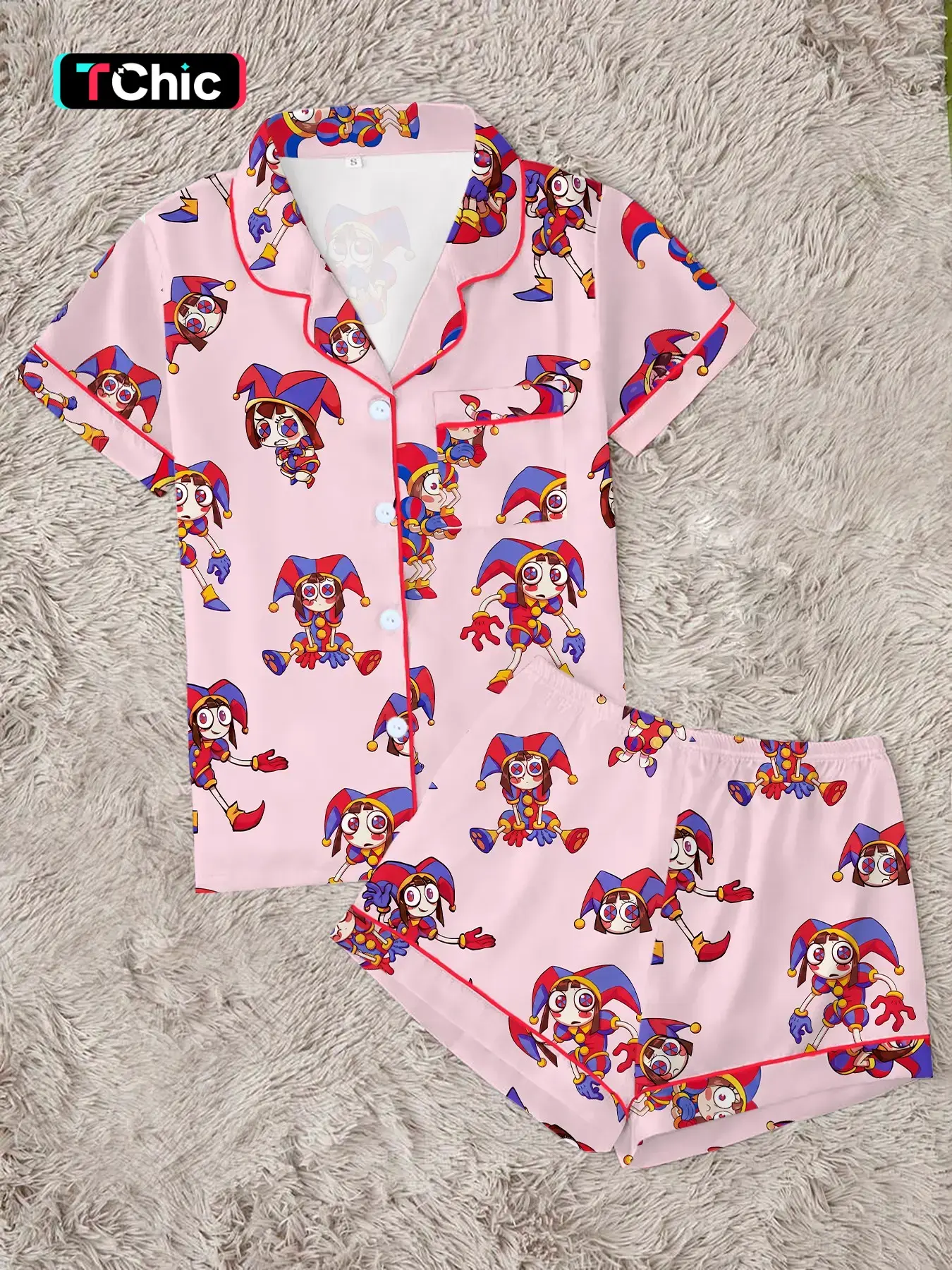 Women's Cute Circus Character Pajamas Set, Funny Magic Monster Pattern Button Sleepwear, Soft 2-Piece Short Sleeve Summer Home Wear