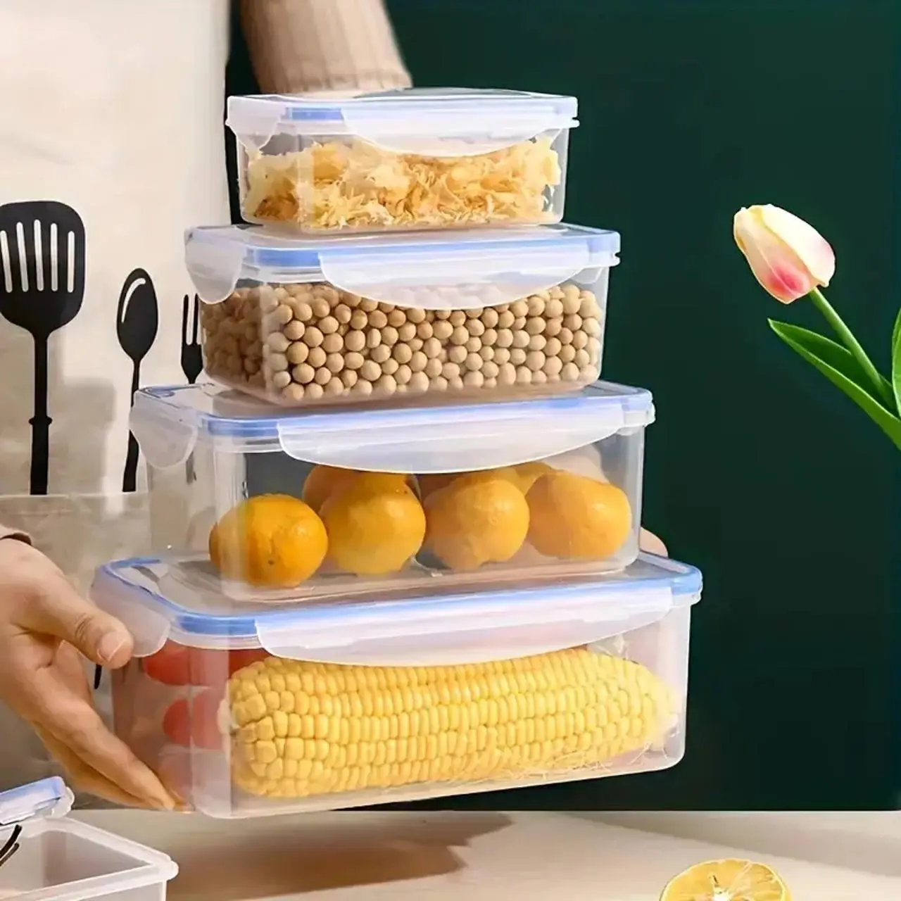 4pcs Food Storage Container Set, Clear Food Fruit Nuts Storage Box with Lid, Reusable Food Storage Container for Home Kitchen Picnic Dormitory Office, Utensils