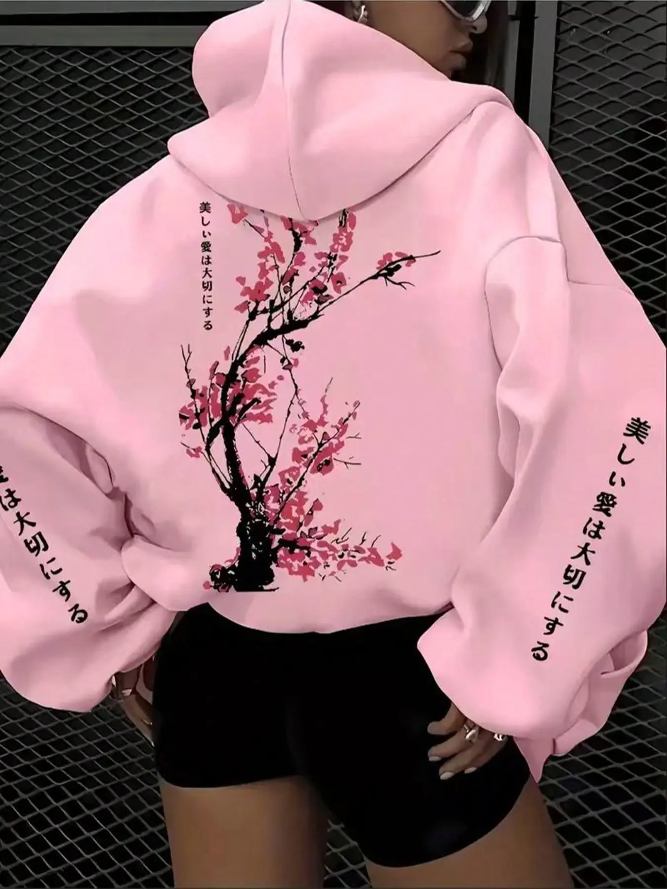 Women's Cherry Blossom Print Hoodie, Japanese Casual Style, Fashion Drawstring Pocket Hooded Sweatshirt, Fall Winter Outerwear