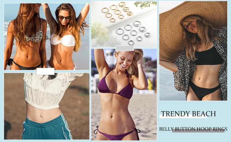 LOLIAS 3Pcs Belly Button Rings, Surgical Steel Hoop Navel Rings, Gold Silver Tone, CZ, Sleeper Hoop