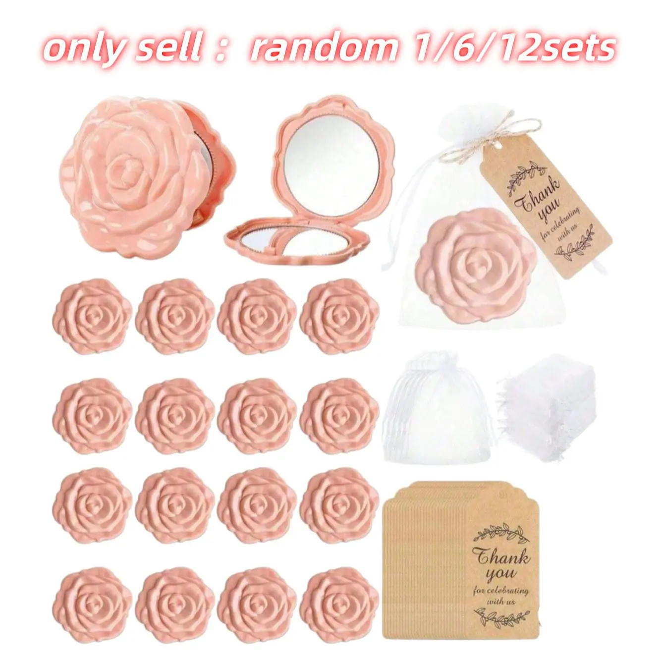 Elegant Rose Compact Mirror Set, Makeup Mirror, Bridal Shower Favors with Thank You Cards, Wedding Souvenirs, Princess Theme Party Gifts