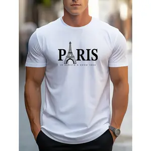 Men's Paris Eiffel Tower Graphic Tee - Casual Crew Neck, Short Sleeve T-Shirt with Stretch Fabric, Machine Washable - Summer Essential