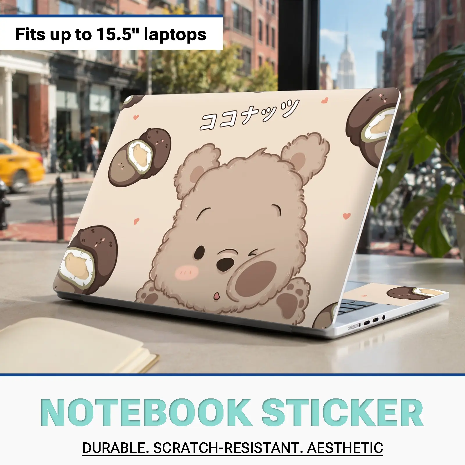Aesthetic Kawaii Cartoon Coconut Bear Laptop Skin Kit, 3‑Pcs Vinyl Stickers: 1 Screen Back Decal & 2 Touchpad Side Decals, Premium Vinyl Wrap, Anti‑Scratch, Easy Peel Off Without Sticky Residue