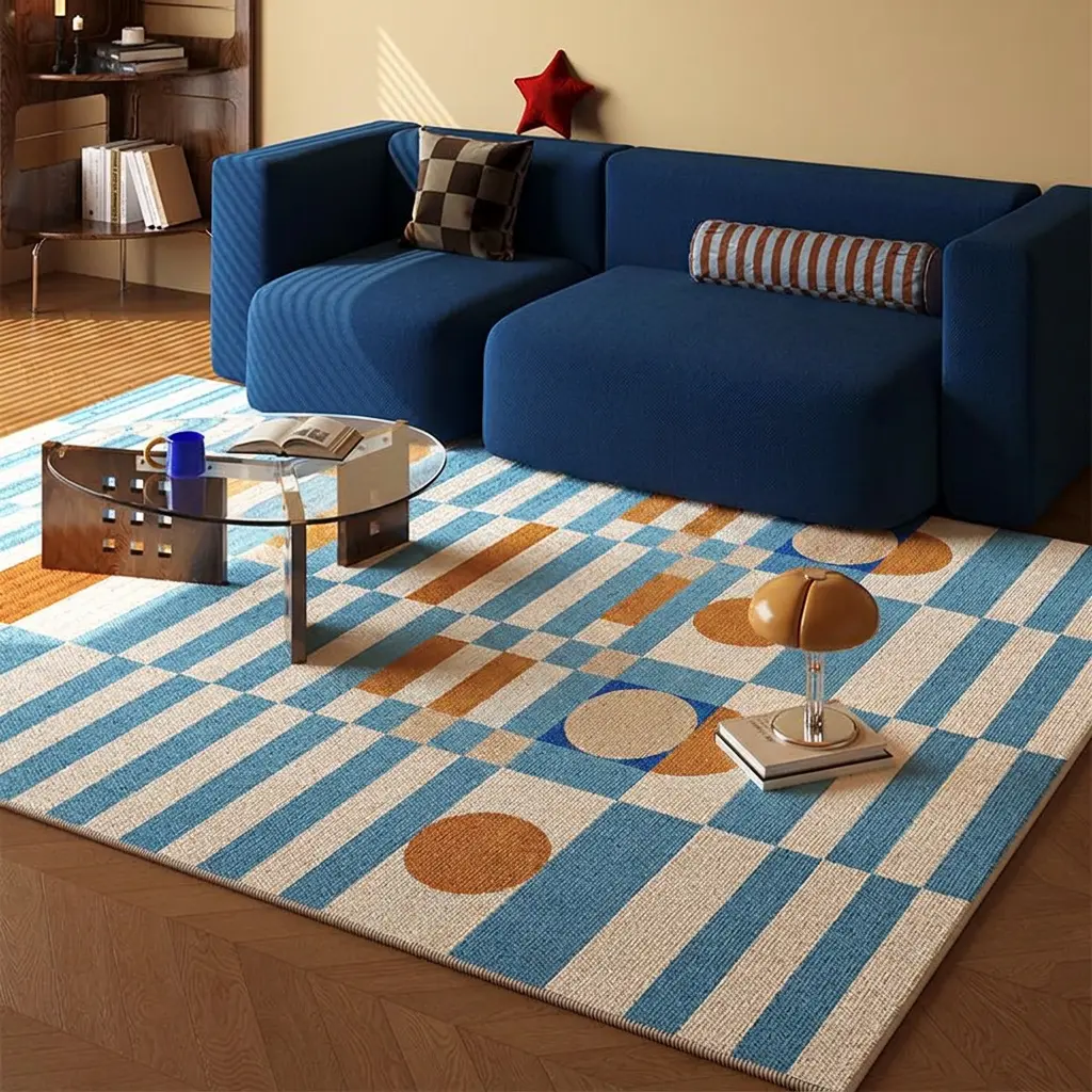 200cm*300cm/6.56'*9.84' Mid-Century Geometric Rug, Vintage Blue Orange Color Block Carpet, Abstract Checkerboard Living Room Wear-resistant Floor Mat