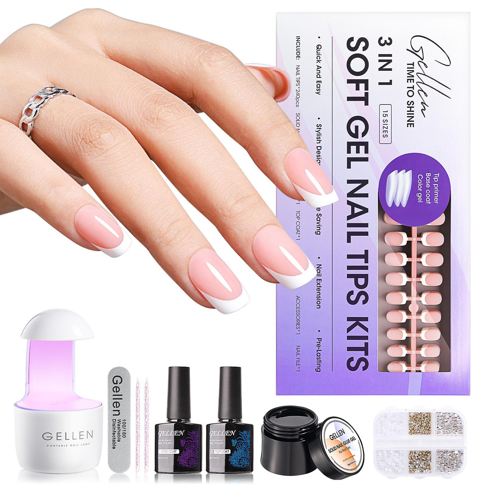 Gellen Complete French Tip Nail Kit – 240pcs, Gel top coat & base coat, UV lamp, Solid Nail Glue Nailartkits Polishset
