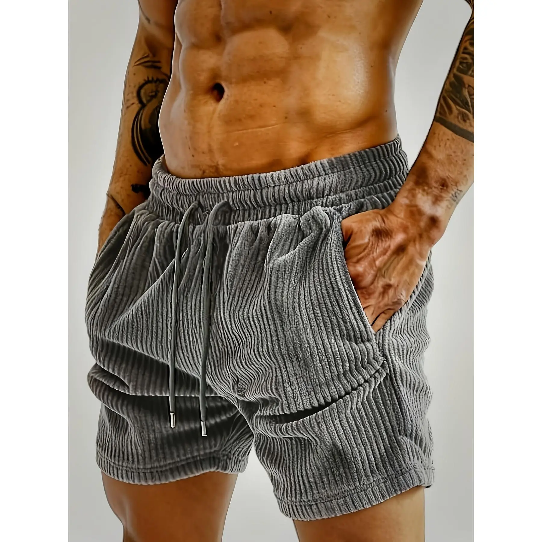Men's Casual Knitted Corduroy Jogger Shorts - Sporty Menswear with Drawstring for Gym & Outdoor Wear, Sporty Sports Clothing Sets