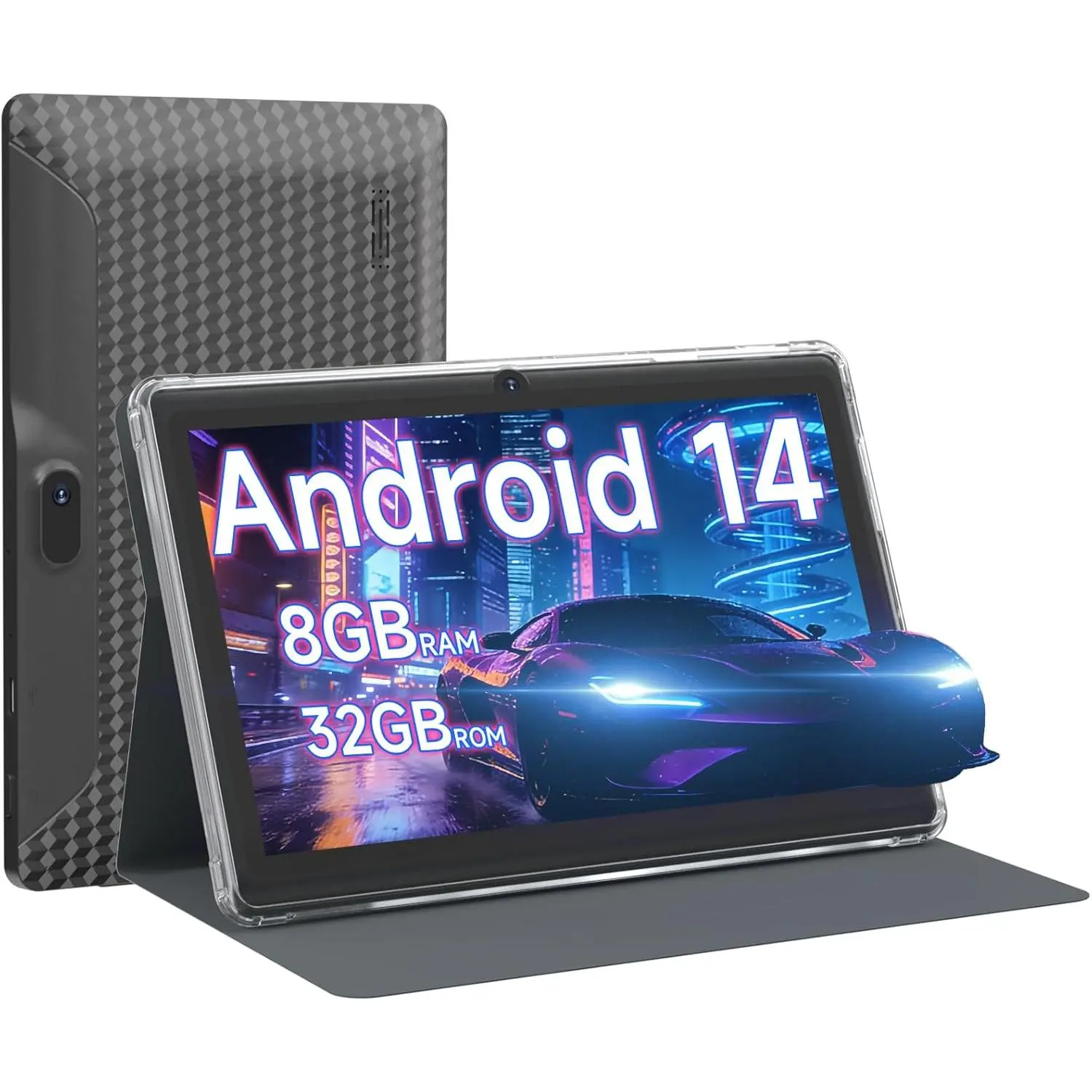 [Autumn Sale] 7 inch Android 14 Tablet with Protective Case, 8GB+32GB+2TB Expandable Storage, Eye-Friendly Screen, Dual Camera, 2.4G+5G WiFi, Widevine L1, Educational & Gaming Use, Black